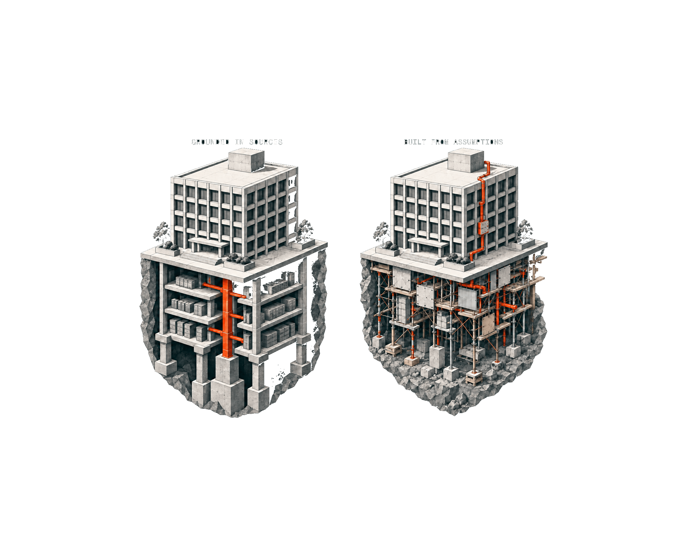 two cutaway buildings side by side, grounded in sources standing on a single clean pillar and built from assumptions standing on tangled scaffolding